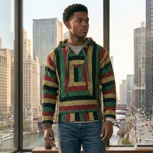 Earthbound Trading Men's Medium Green/Yellow/Red Striped Baja Hoodie Sweater